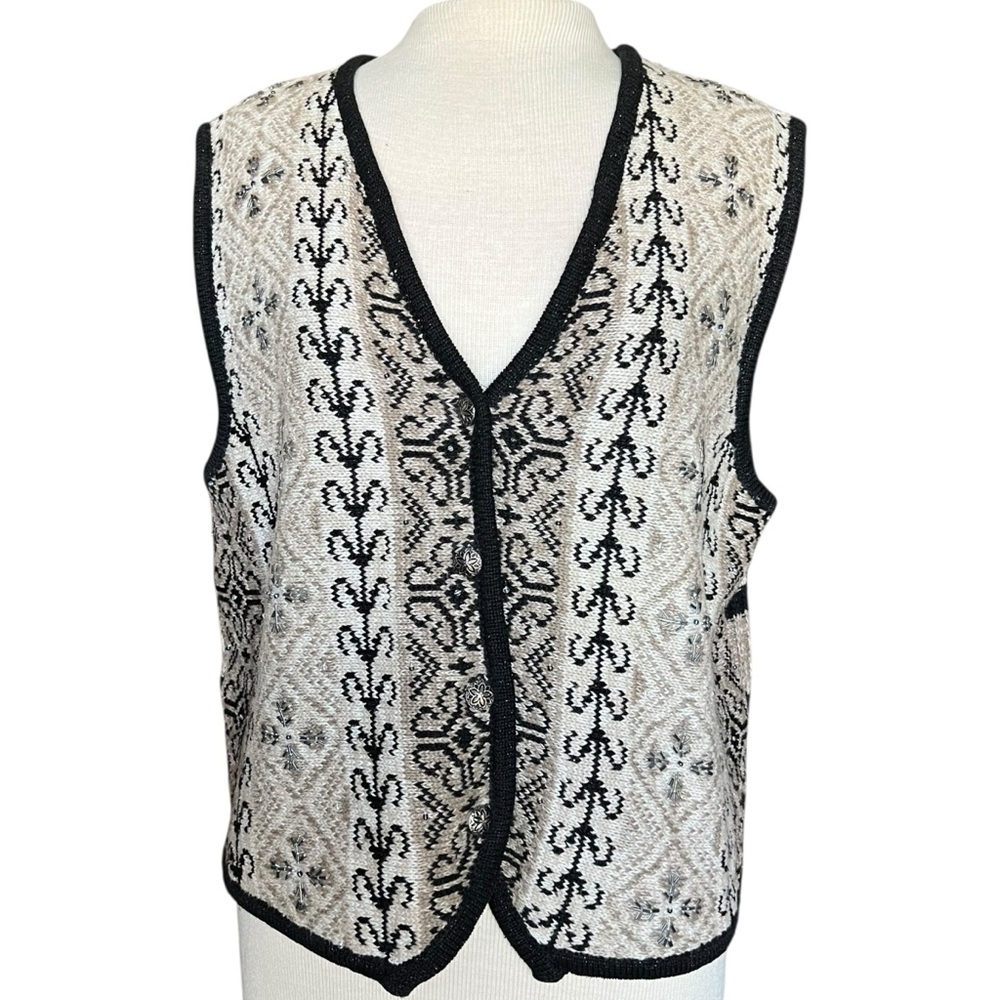 VINTAGE 90s Knit Winter Beaded Button Sweater Cardigan Vest Sz M
